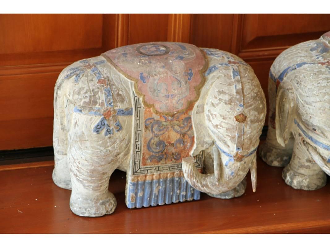 Polychromed Pair of Antique India Carved and Polychrome Royal Elephants