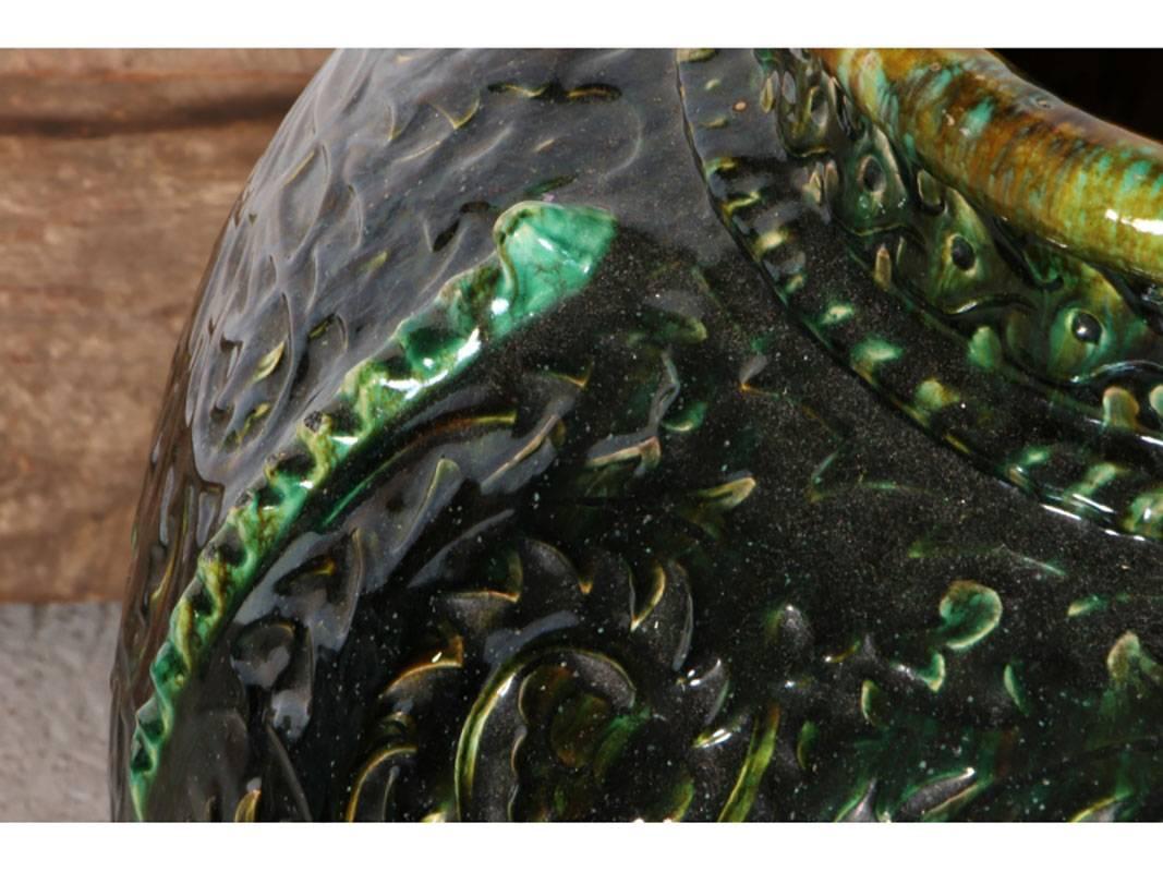 European Dark Green and Chocolate Antique Glazed Cast Terracotta Vase For Sale