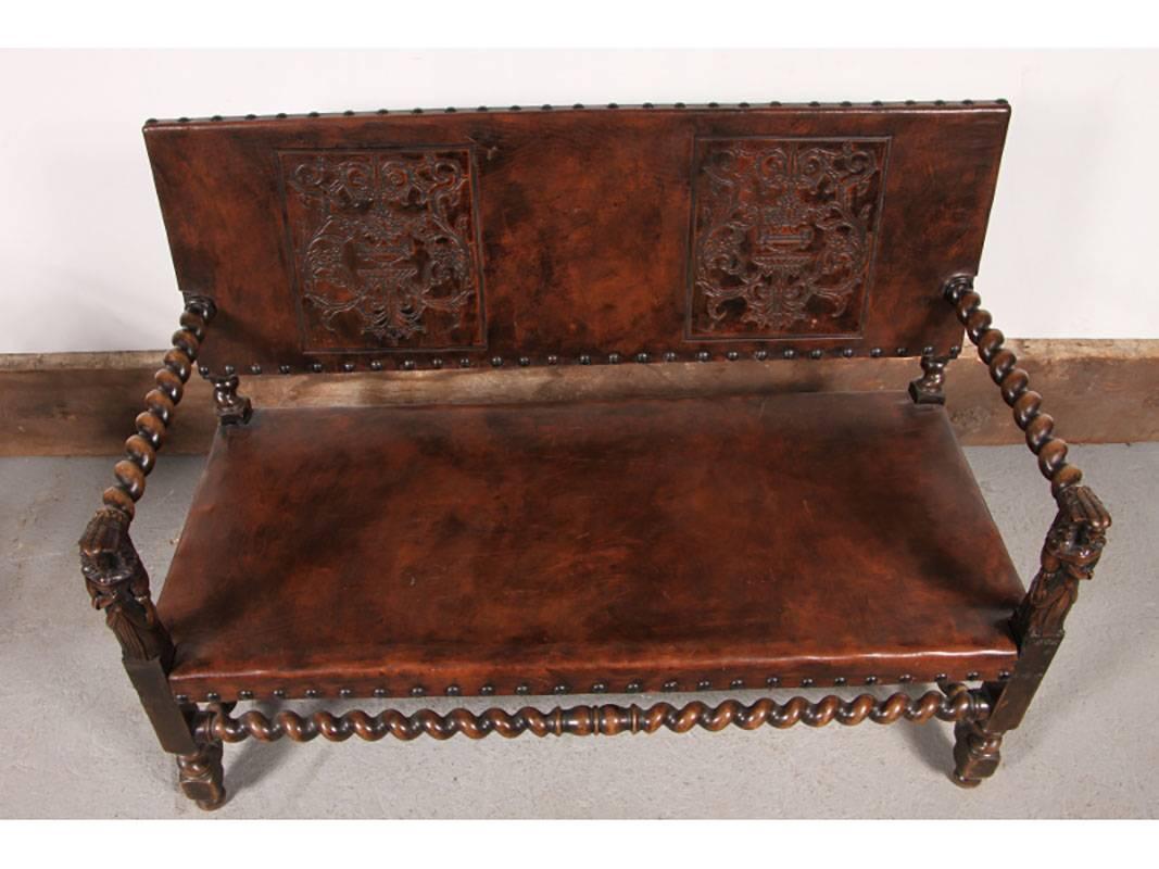 Leather Antique Carved Jacobian Style Settee