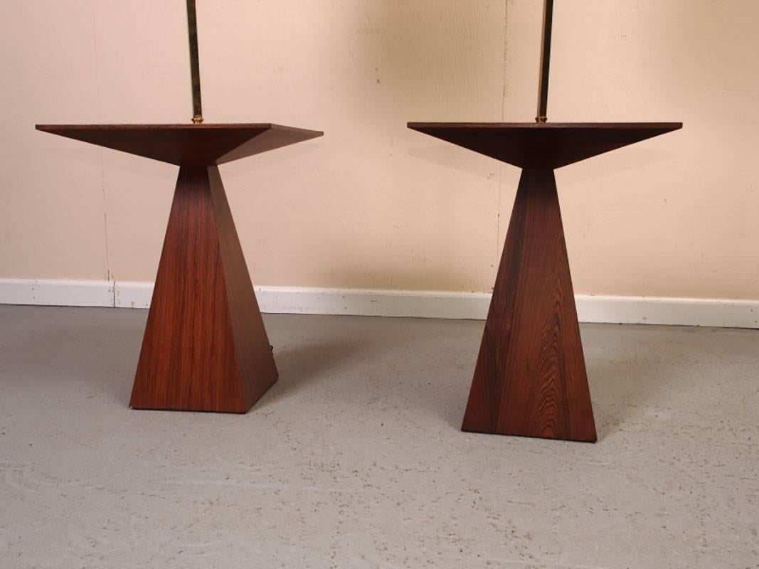 Very good condition pair of geometric Mid-Century lamp tables by Harvey Probber. With period and possibly original string shades.