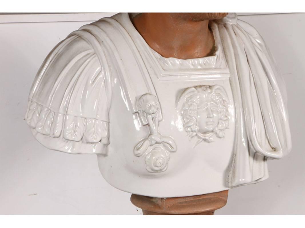 Italian Terracotta Bust of a Decorated Emperor with White Glazed Robe In Good Condition For Sale In Bridgeport, CT