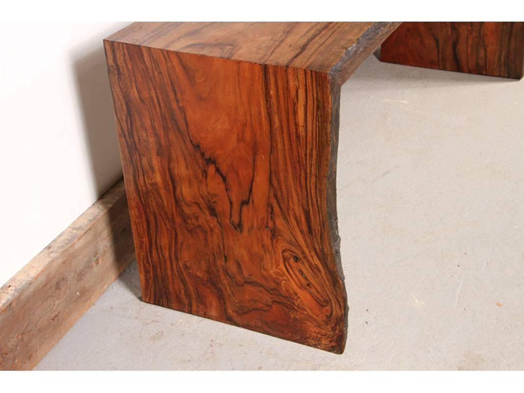Monolithic and very powerful solid console table made from select walnut, single board live edge free form top raised on matching twin standards. Very much in the manner and style of George Nakashima.
Condition: Very good.
