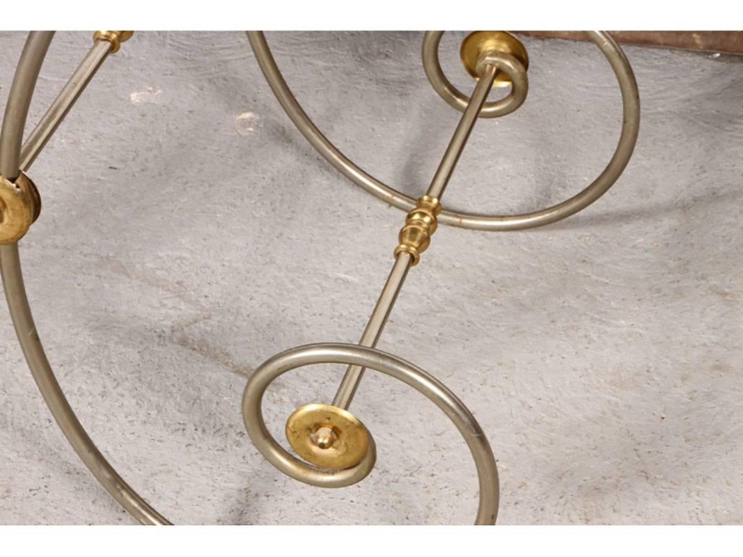 French Wrought Polished Steel and Brass Base Console with Marble Top