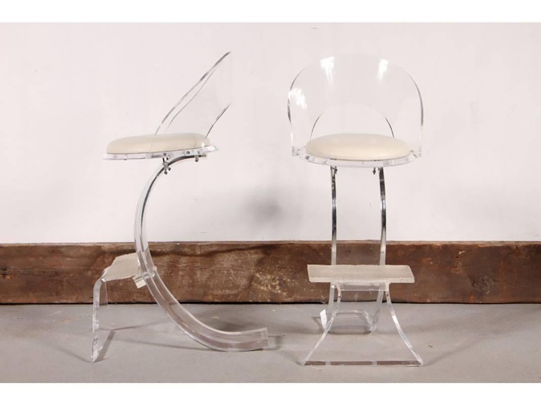 20th Century Pair of Lucite Counter Stools with Off-White Leather Upholstery