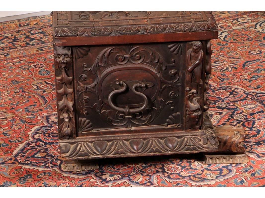 18th Century and Earlier Antique Italian Elaborately Carved Oak Cassone