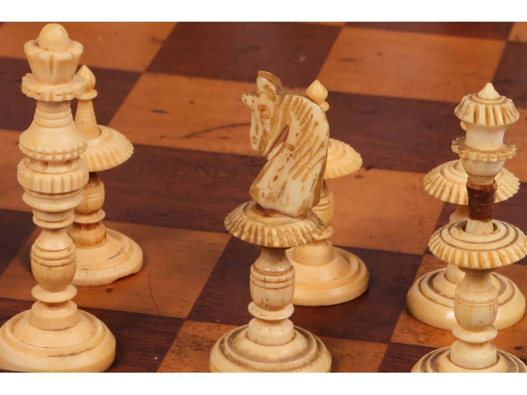 19th Century Antique Carved Bone Chess Set