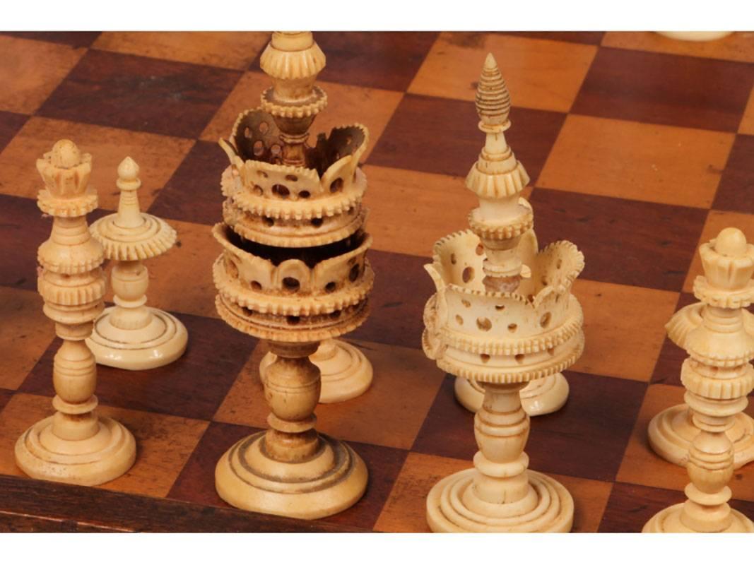 Antique Carved Bone Chess Set In Good Condition In Bridgeport, CT