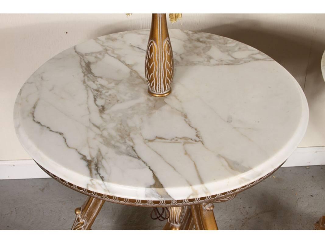 Carrara Marble Pair of Round Marble-Top Hollywood Regency Lamp Tables