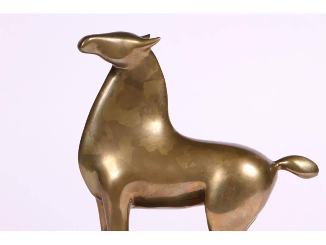 Loet Vaderveen (Netherlands, 1921-2015) bronze sculpture of a horse on a stainless plate over a Lucite base.
Loet limited edition of 131/500.
Condition: oxidation and spotting to the bronze, craquelure to the Lucite base.