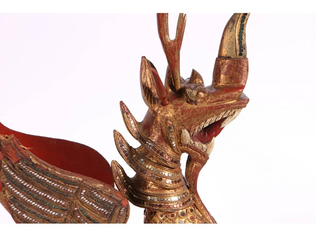 Large Tibetan/Balinese Winged Jeweled Dragon Wood Sculpture In Good Condition In Bridgeport, CT