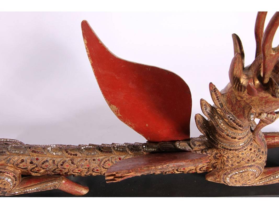 20th Century Large Tibetan/Balinese Winged Jeweled Dragon Wood Sculpture