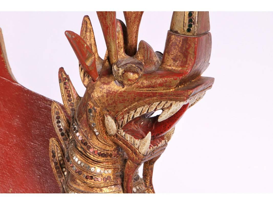 Large Tibetan/Balinese Winged Jeweled Dragon Wood Sculpture 2