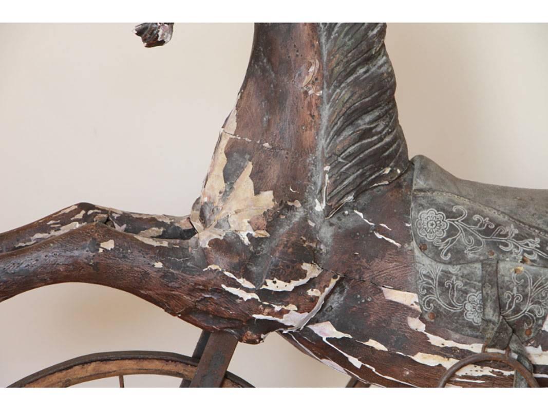 Wood 19th Century Antique Folk Art Horse Form Tricycle