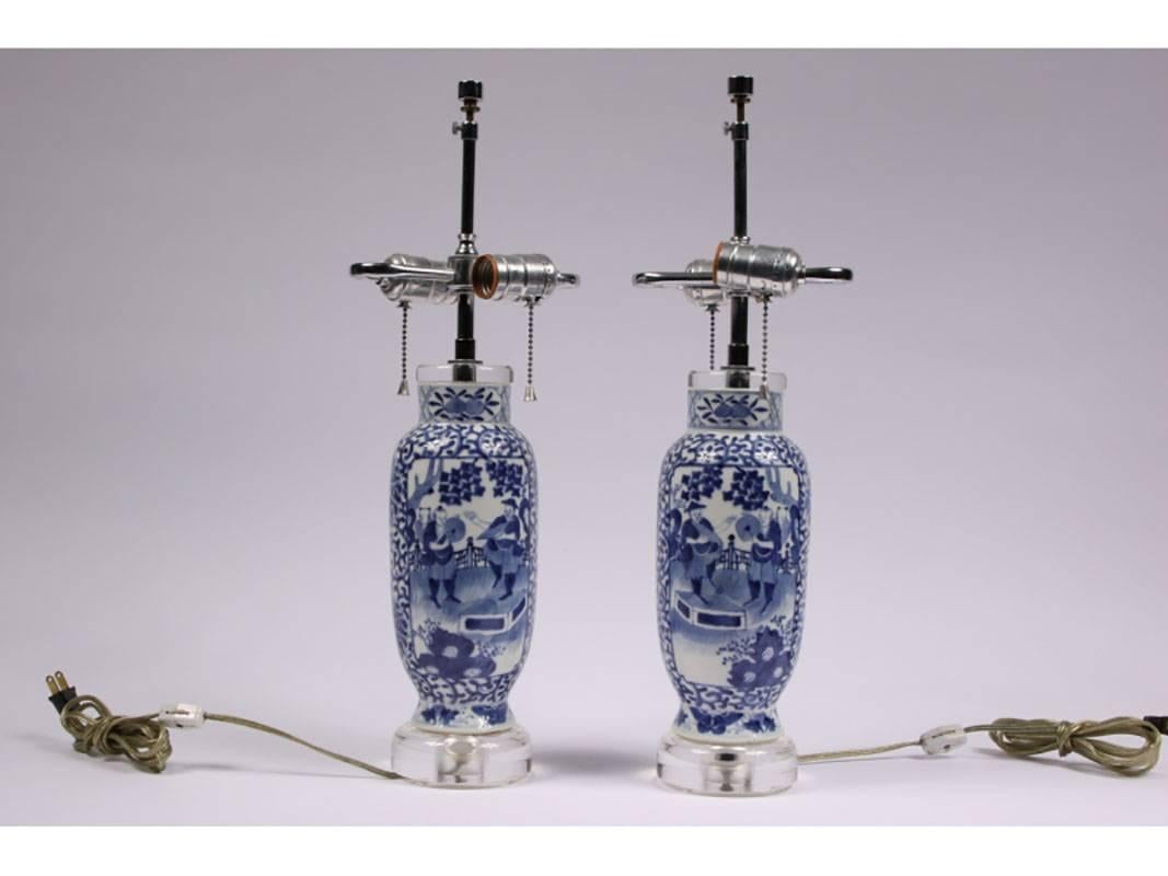 Chinese Export Pair of Blue and White Chinese Lamps