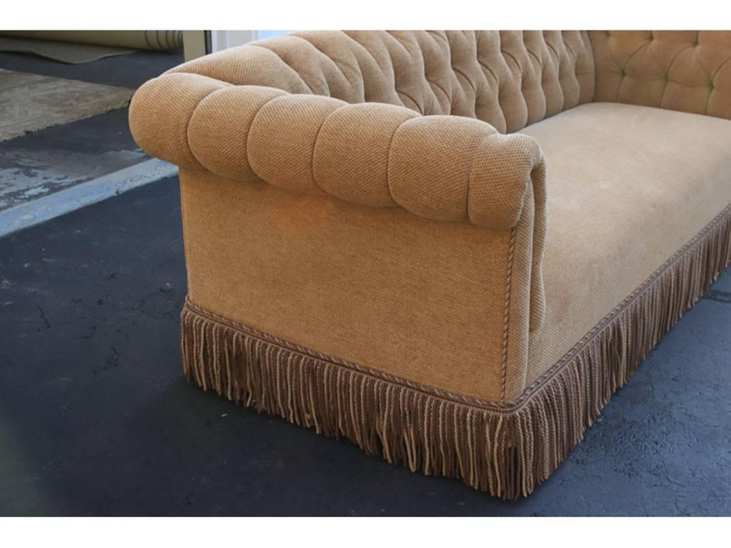 Well-made, fringed Chesterfield in a soft chenille fabric in very good condition. Great proportions and uber comfortable.