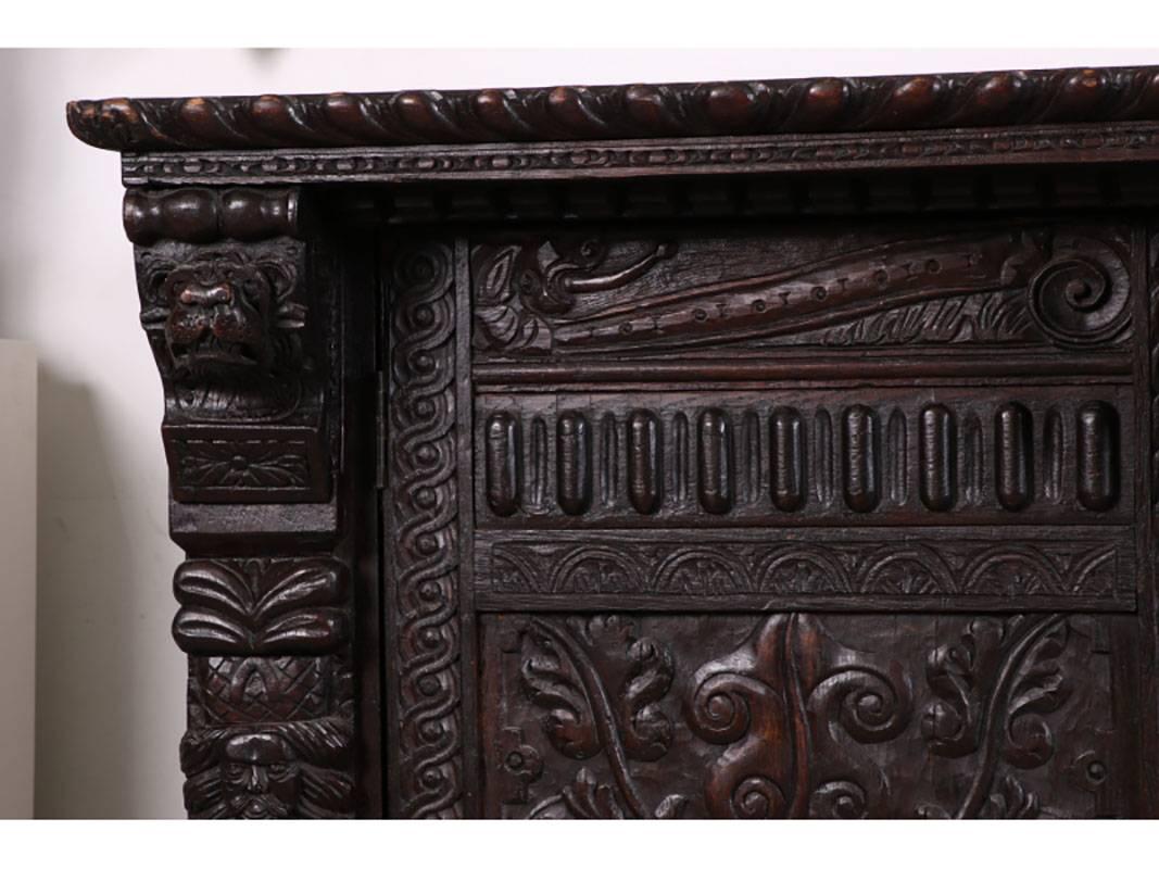 Large Antique Heavily Carved Antique Jacobean Style Cabinet 2