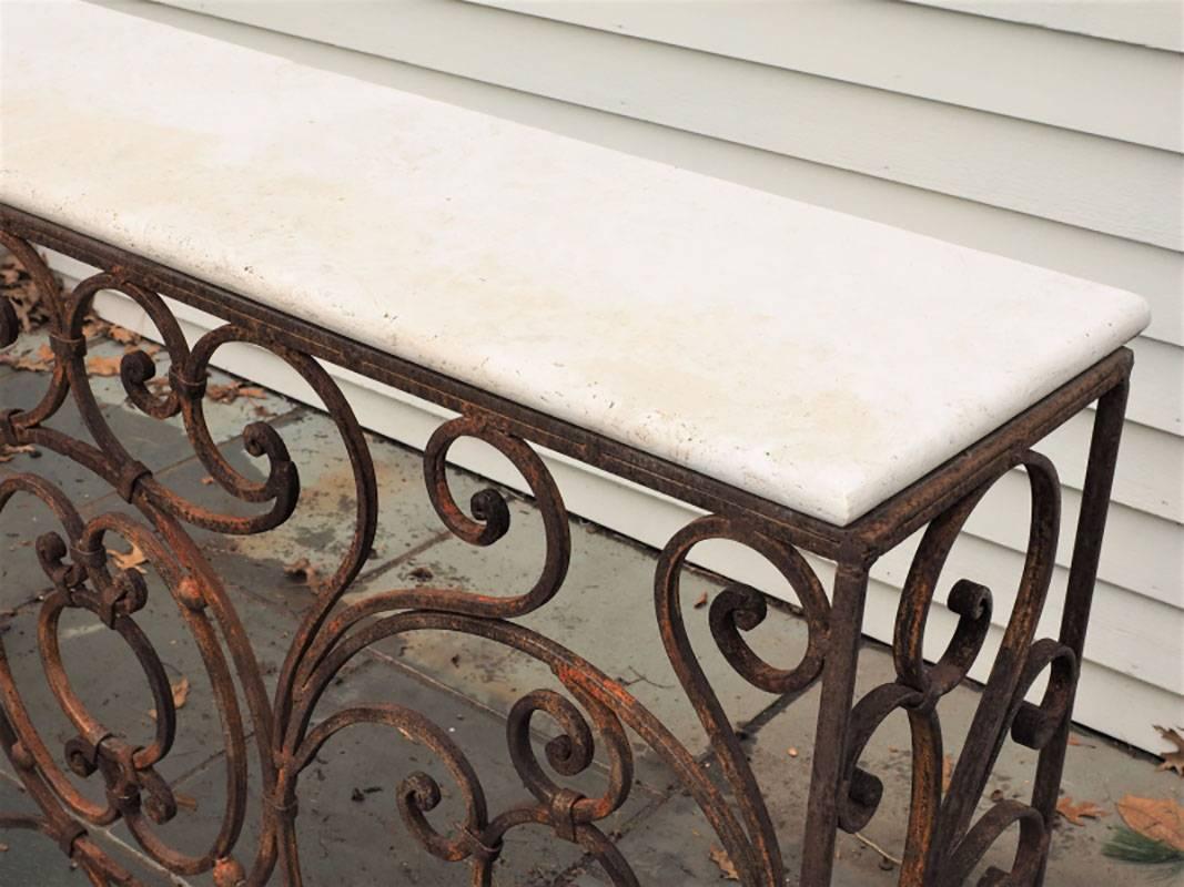 Stone Top Trellis Style Iron Console In Distressed Condition In Bridgeport, CT