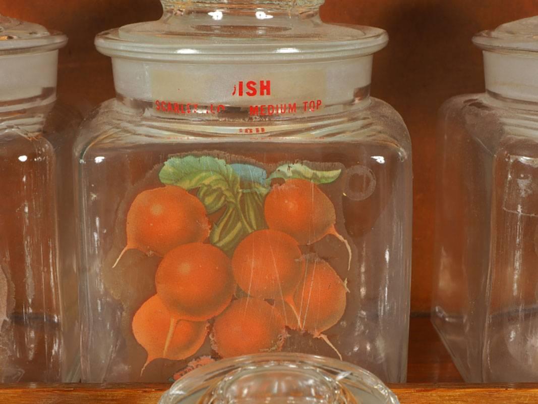 F.H. Woodruff & Sons speedway seed service counter in two parts with glass jars having vegetable decals. Lower cabinet with two slide out shelves and glass covered pull-out drawers. Top cabinet is attached with brackets. Age appropriate expected
