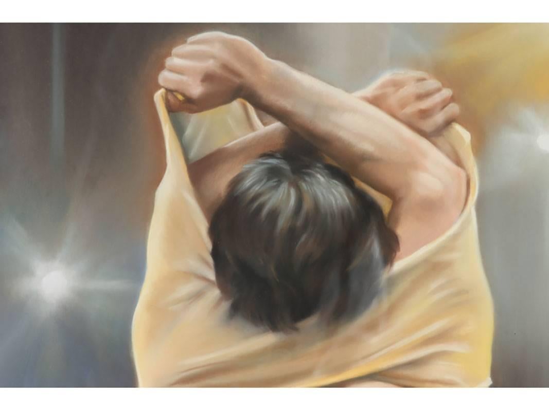 Painted by American multidisciplinary artist Beverly Lopez under the Alias of Terry Sims of a rear view of a man taking off his yellow shirt. Mr. Lopez is considered by many to have been a master in the depiction of the human body. Image measures