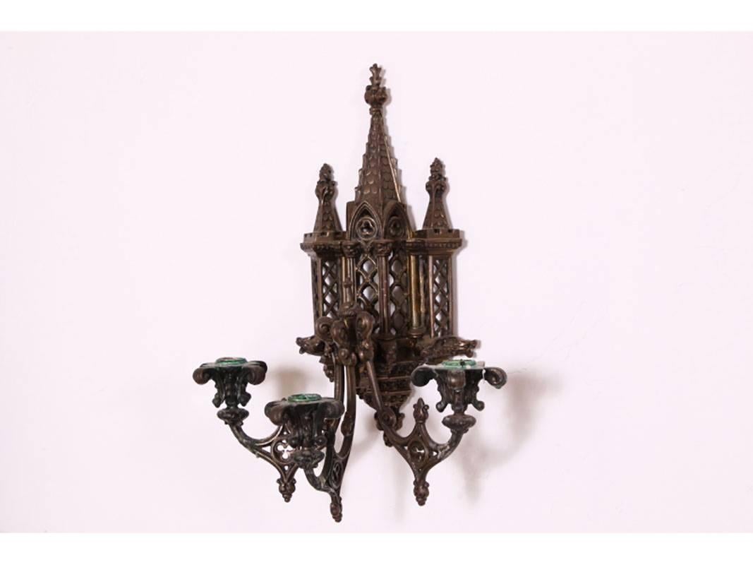 20th Century Set of Four Impressive Bronze Gothic Form Wall Sconces