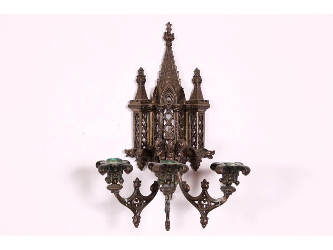Set of Four Impressive Bronze Gothic Form Wall Sconces In Good Condition In Bridgeport, CT