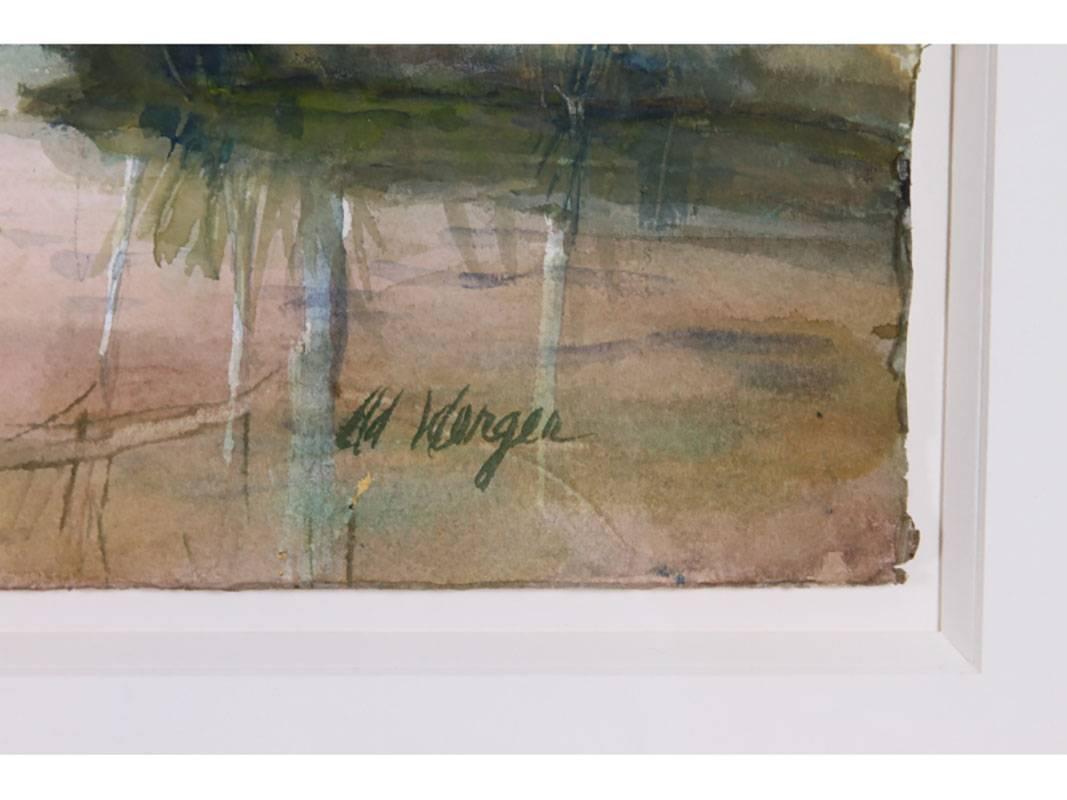 Serene watercolor by Vermont artist depicting white birch trees at stream on float-mounted paper, matted and framed. Signed lower right Ad. Werger. Small losses to top of gilded frame.
Image: 15
