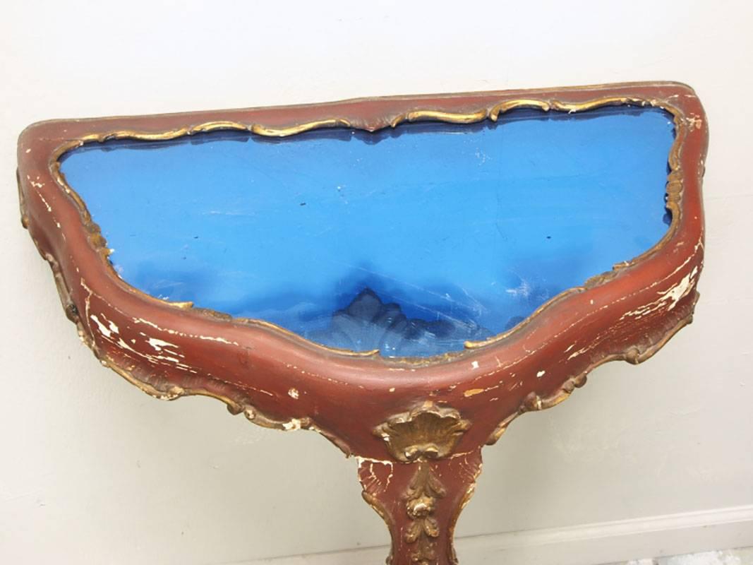Antique Painted European Wall Mirror and Cobalt Mirror Top Table In Distressed Condition In Bridgeport, CT