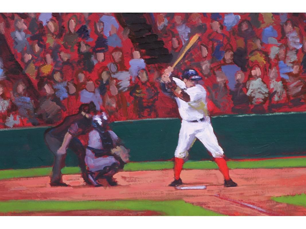 Modern baseball themed unframed large painting of The Boston Red Sox. Overall good condition with slight age appropriate wear.