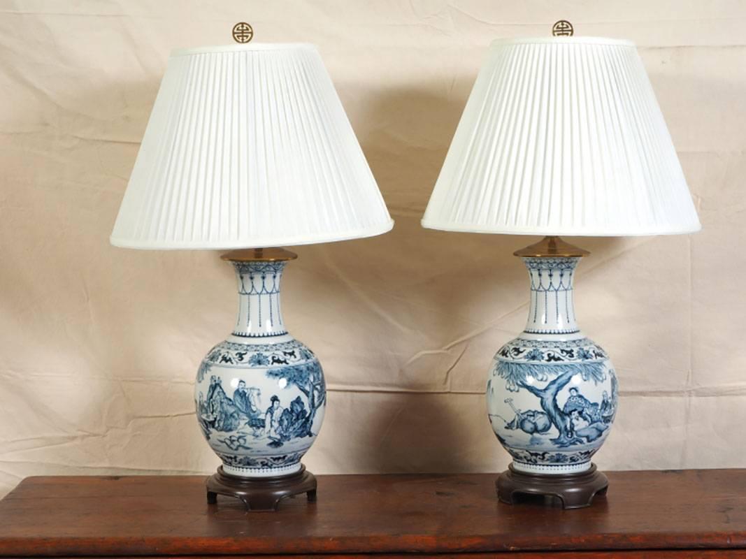 Asian Pair of Chinese Ceramic Urn Form Lamps