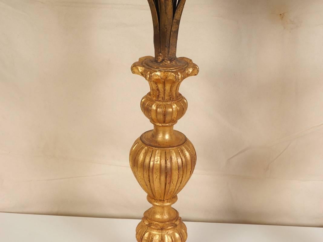 Hollywood Regency Pair of Italian Tole Wheat Shaft and Carved Wood Lamps