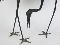Pair of Large Verdigris Bronze Heron Sculptures, One with Fish