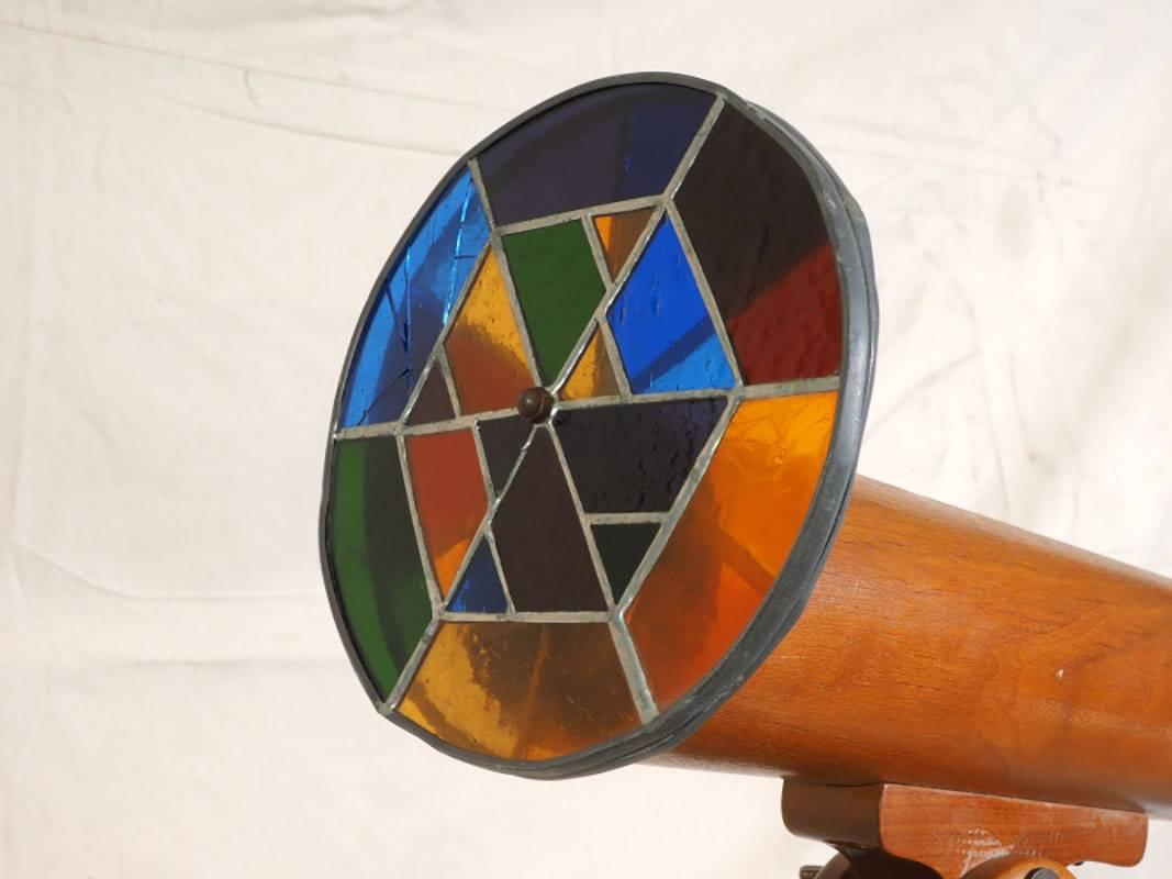 Large vintage wood kaleidoscope with two parallel stain glass 6.75