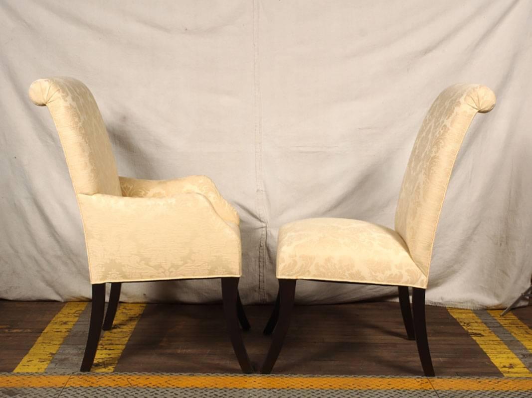 In very good condition with great style, good weight and comfort. Solid construction with black lacquer sabre legs and impeccable upholstering. Very comfortable.
There is a minor mark or two on the Damask fabric and the sabre legs have wear marks
