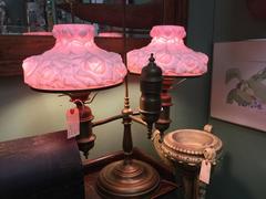 Vintage Fenton Double Arm Student Hurricane Lamp with Cranberry Shades