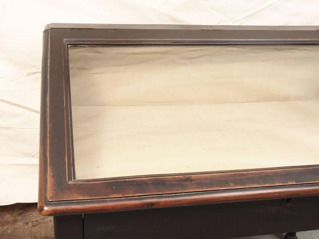 Antique ebonized display case with silk lining, angular lift up glass framed door, and turned legs.
Condition: interior is in good condition; exterior nicely patinated and worn consistent with age. The glass has some marking and minor scratches from