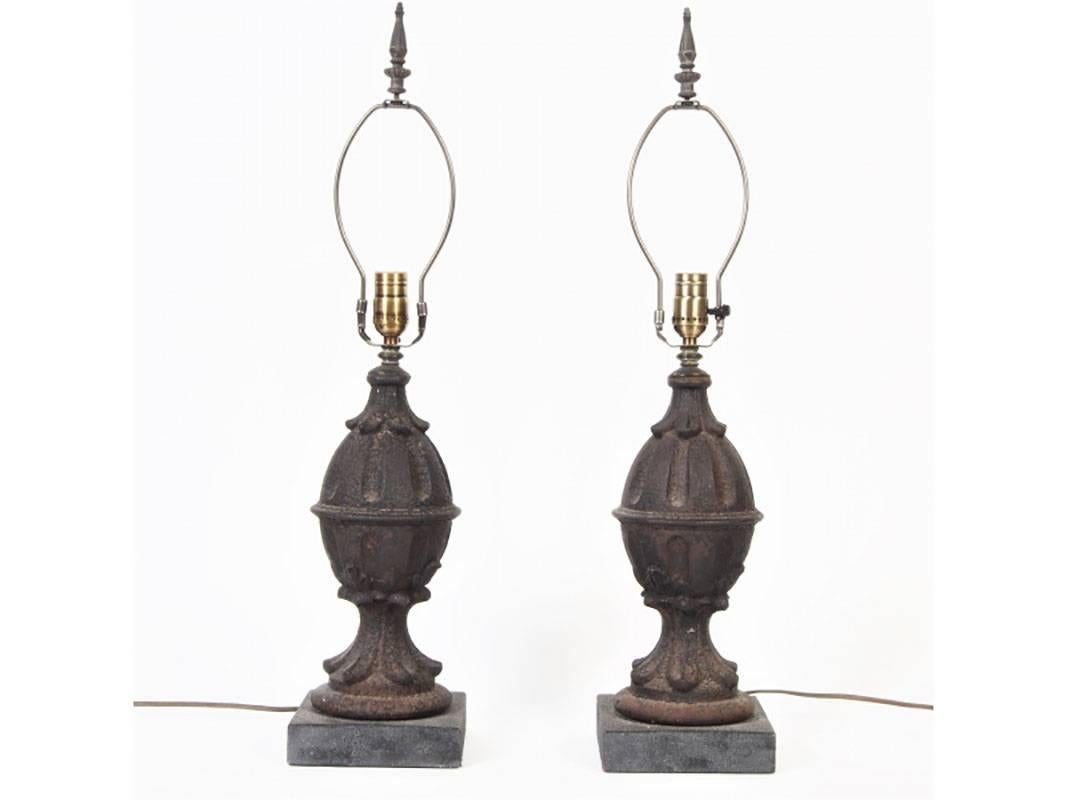 Pair of Cast Iron Finial Table Lamps In Good Condition In Bridgeport, CT