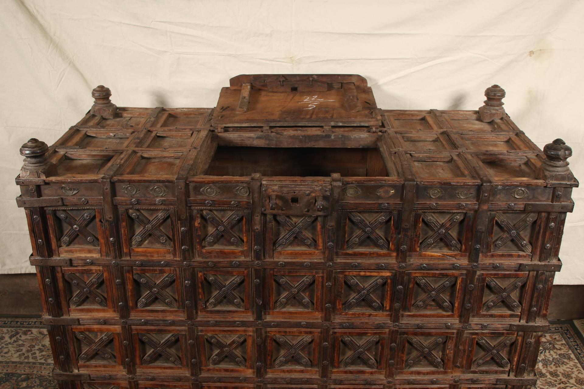 Massive Antique Indian Carved Wood Dowry Chest For Sale 1