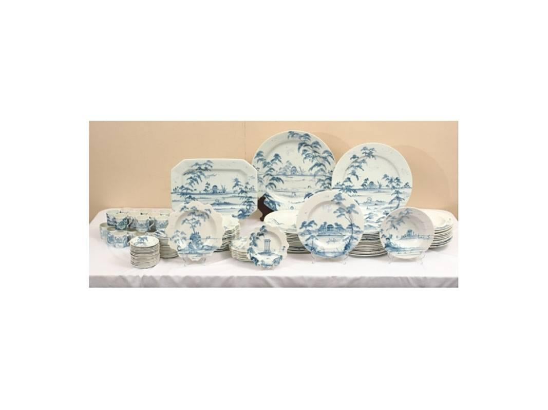 Dinnerware set in beautiful hand-painted patterns and shapes that evoke the spirit of 17th and 18th century England. This set is done in tonal shades of blue which is the color for all Isis Ceramics signature patterns. These are designed by Deborah