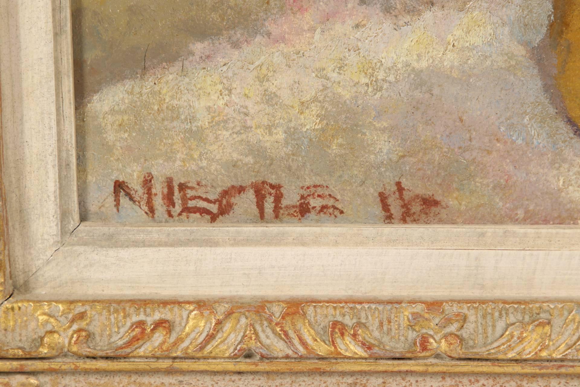 Henry Niestle Óleo sobre lienzo titulado Naturaleza muerta con manzana Dorado