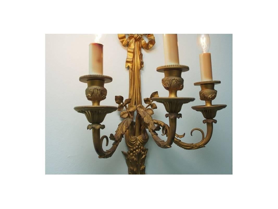 Pair of Well Cast Louis XVI Style Dore Bronze Wall Sconces 1