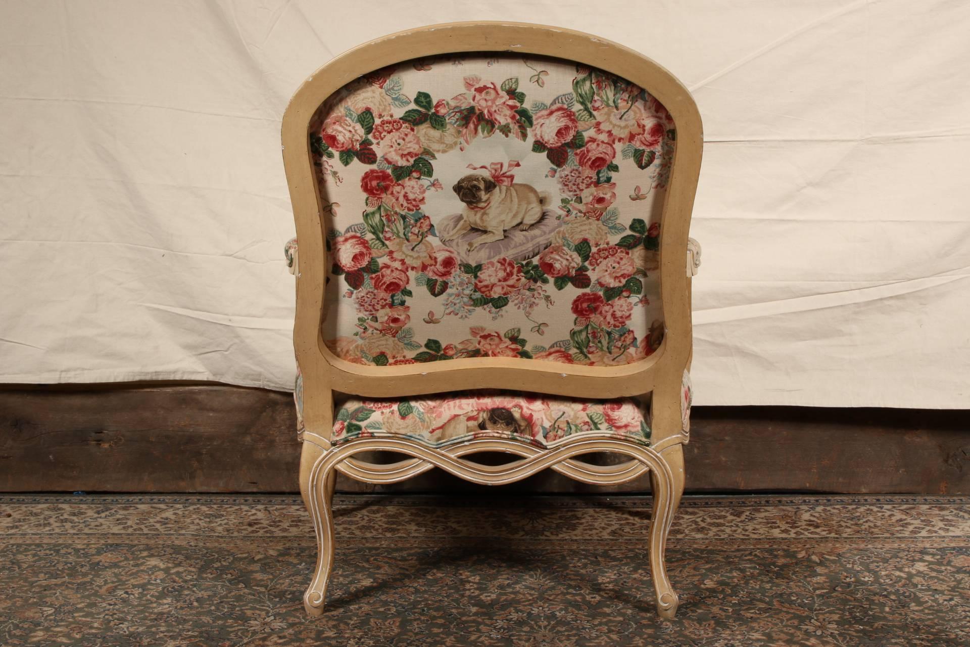 French Provincial Pair of Kreiss Paint Decorated Fauteuils in Lee Jofa Pugs and Petals Fabric