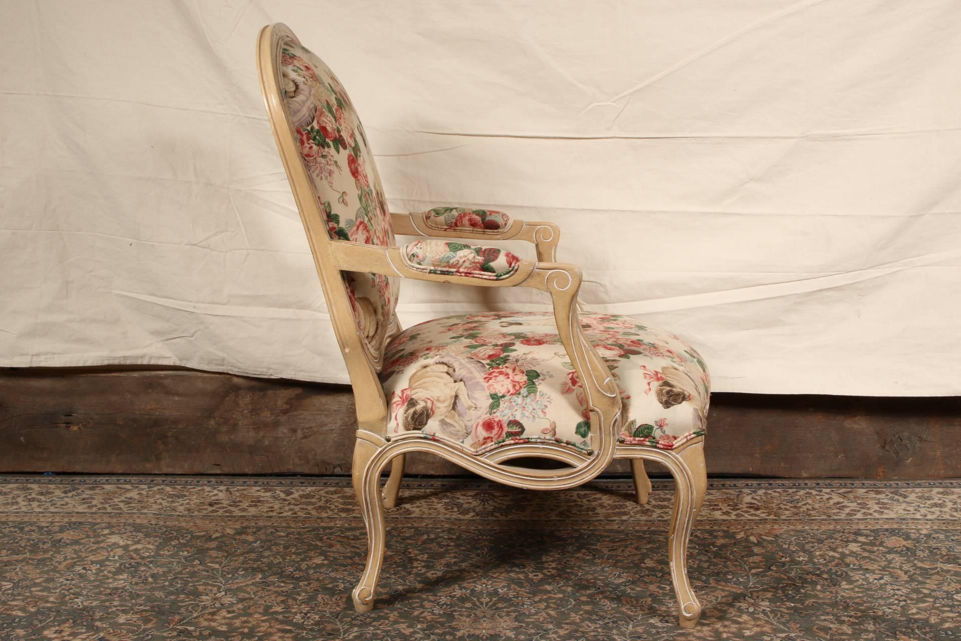 20th Century Pair of Kreiss Paint Decorated Fauteuils in Lee Jofa Pugs and Petals Fabric