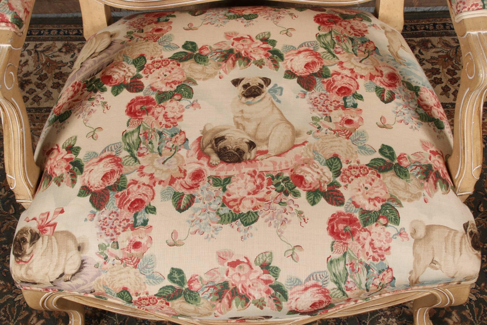 Pair of Kreiss Paint Decorated Fauteuils in Lee Jofa Pugs and Petals Fabric 4