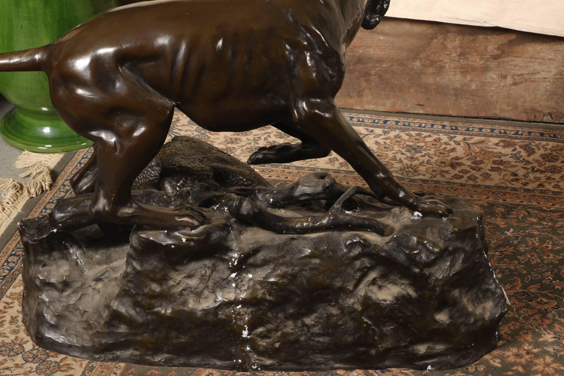 20th Century Life-Sized Patinated Bronze Statue of a Hound Hunting a Pheasant