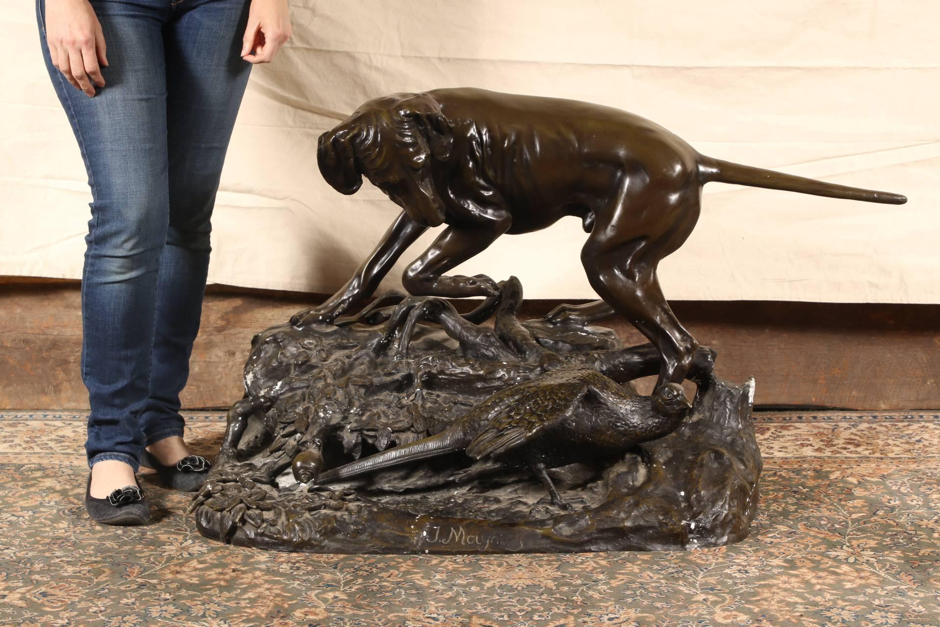 Life-Sized Patinated Bronze Statue of a Hound Hunting a Pheasant 1