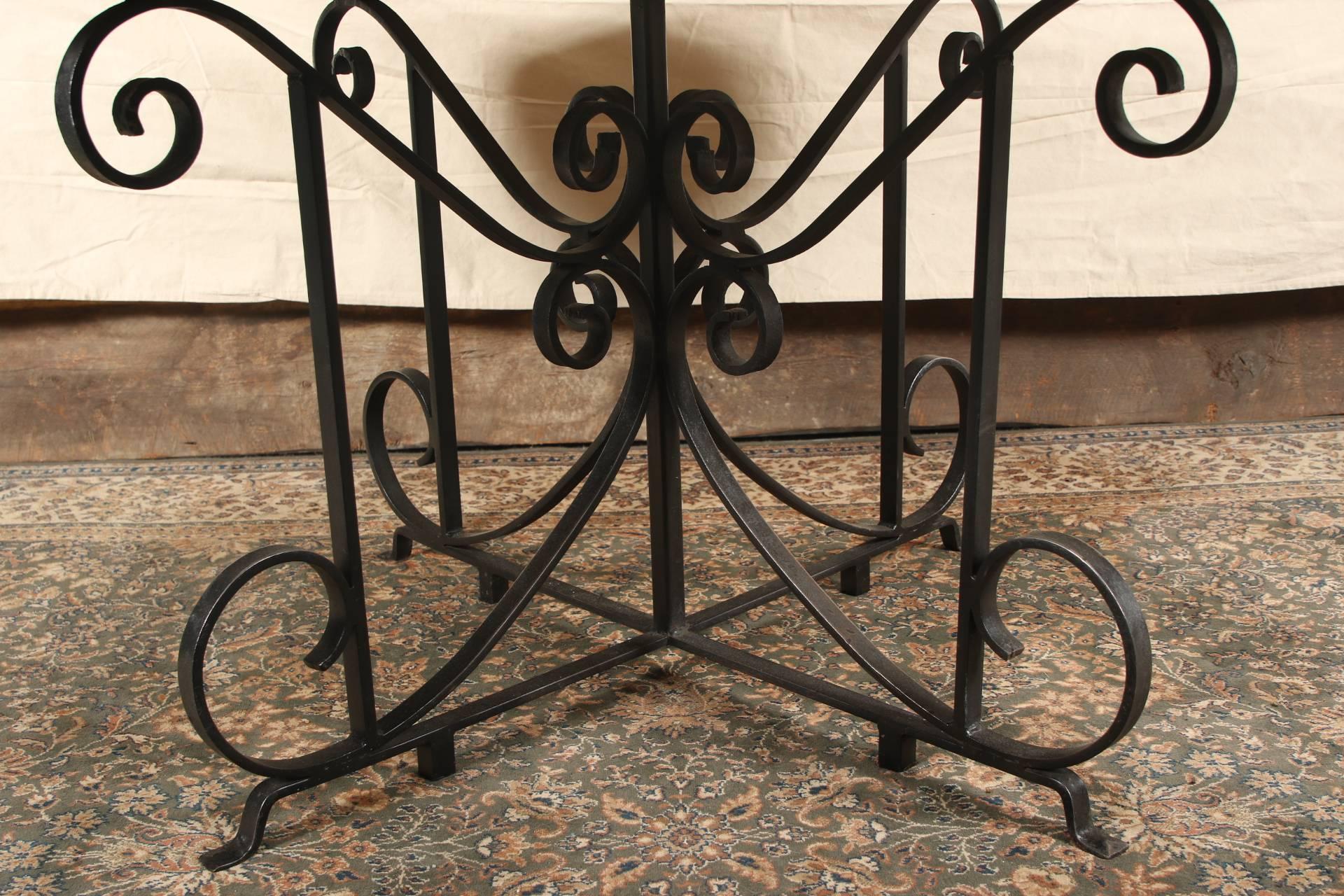 French Provincial Dining Table with Marble Inlay Top and Wrought Iron Base