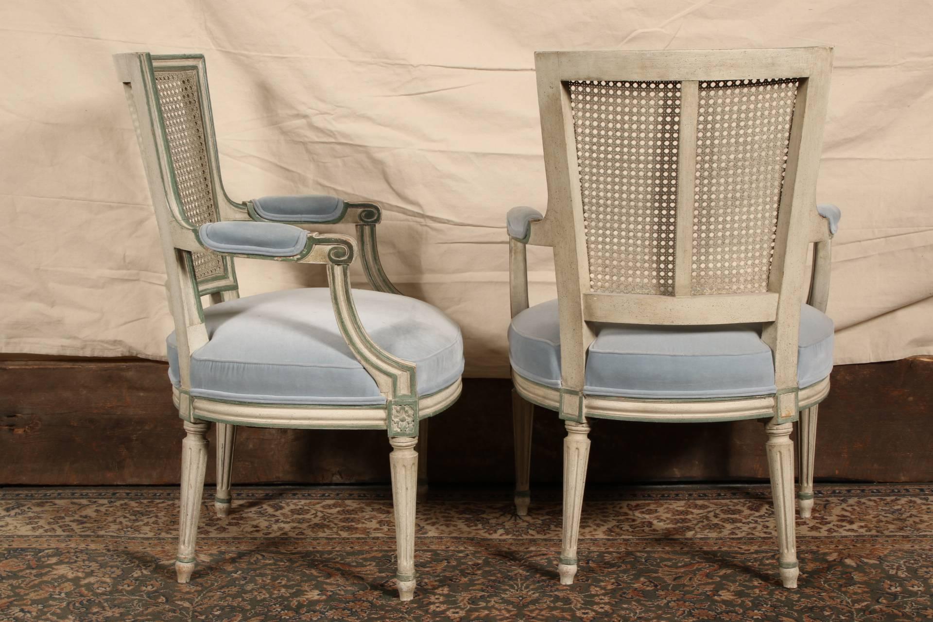 Pair of French Caned Back Paint Decorated Fauteuils 2