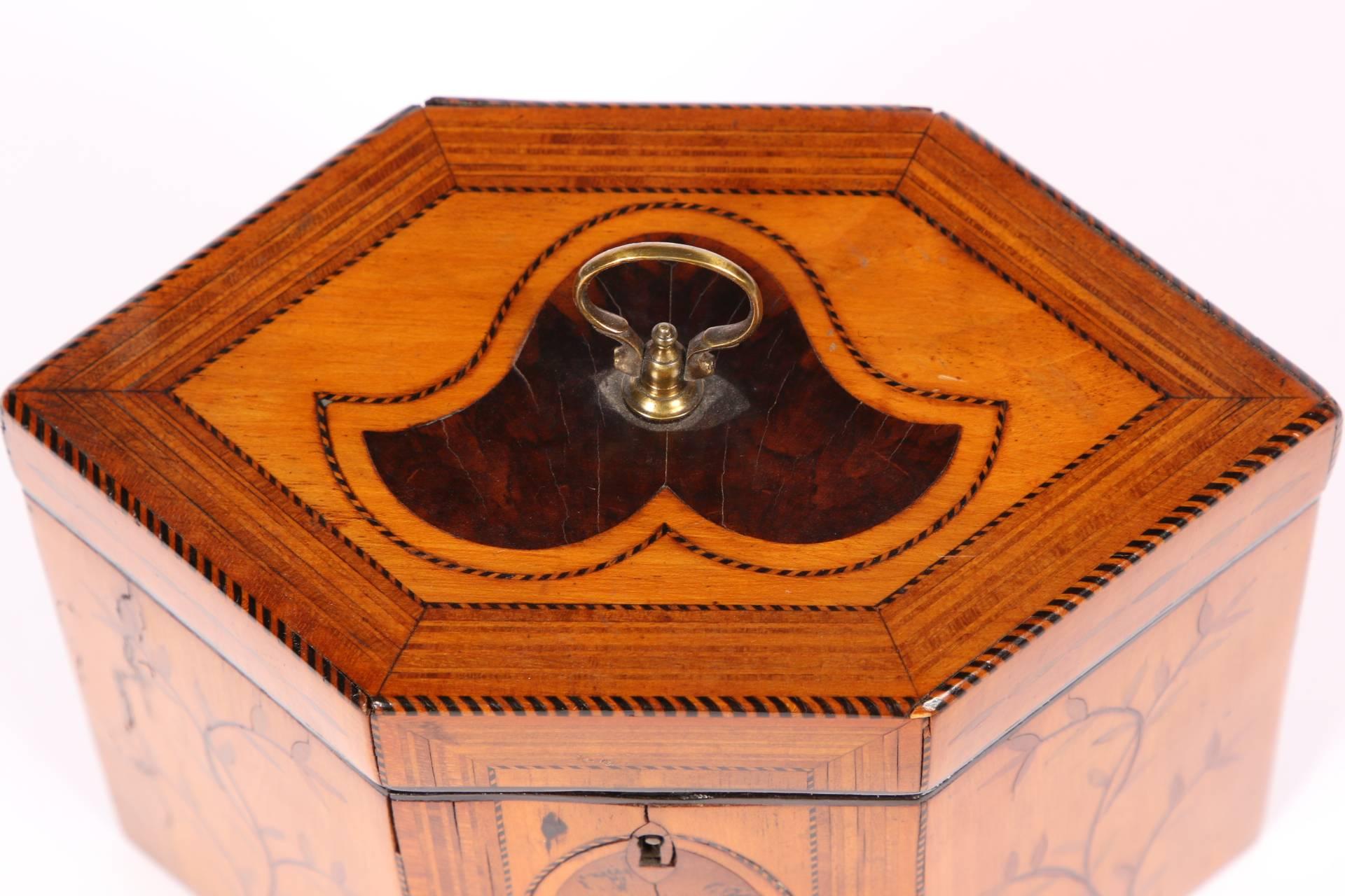 Elongated hexagonal shape in satinwood with mahogany banding on the top and front panel. The side front panels with inlaid leafy branches and the center oval in figured wood. The hinged lid with a walnut inlaid curvilinear motif. All edges and
