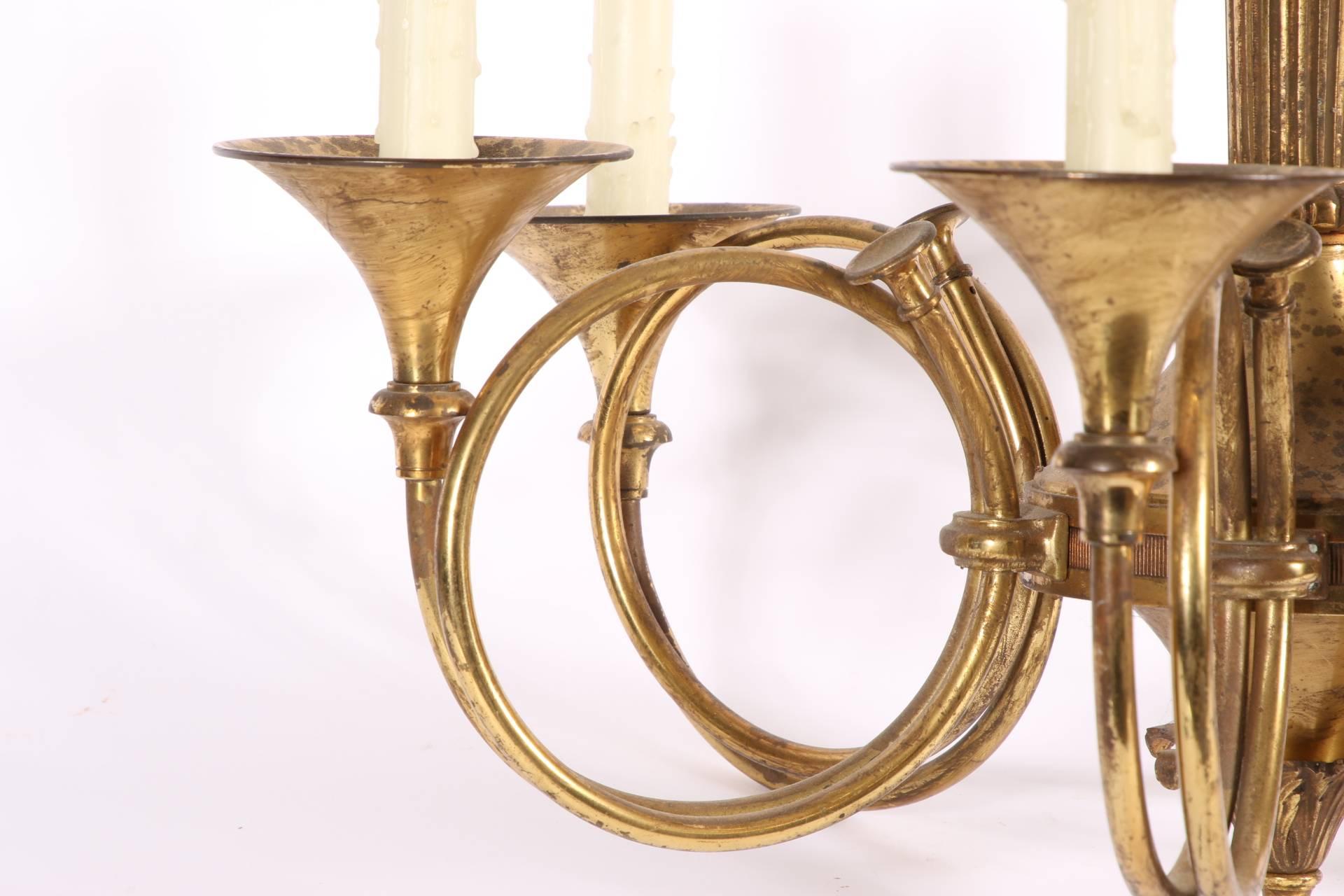 Vintage Solid Brass Six-Light French Horn Chandelier In Good Condition In Bridgeport, CT