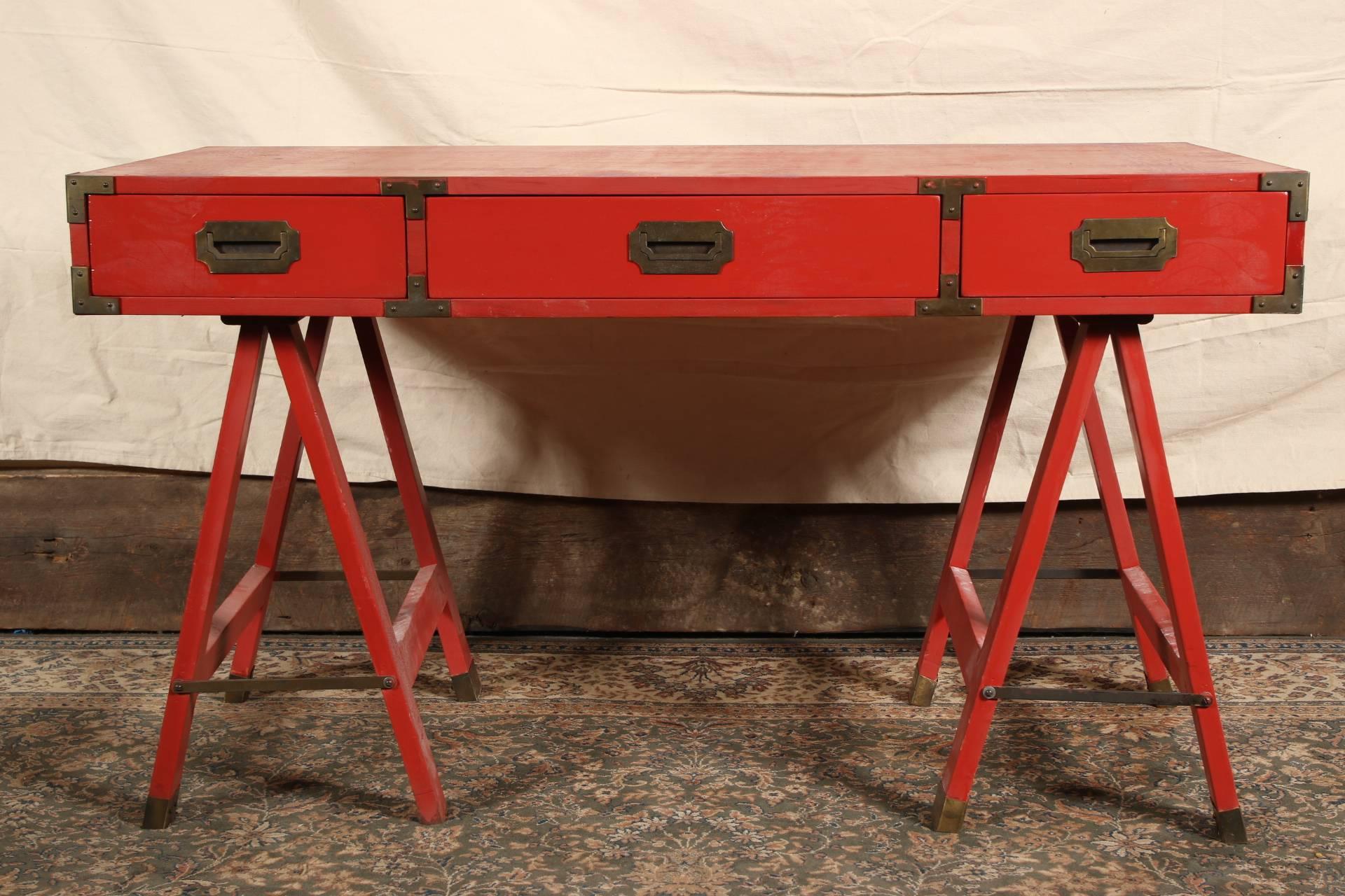 Red Painted Vintage Campaign Desk on Stand 4